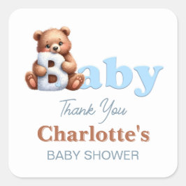 Pegatina Cuadrada Oso de peluche azul Baby Shower agradecimiento