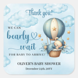 Pegatina Cuadrada Oso de peluche azul marfil globo de aire caliente