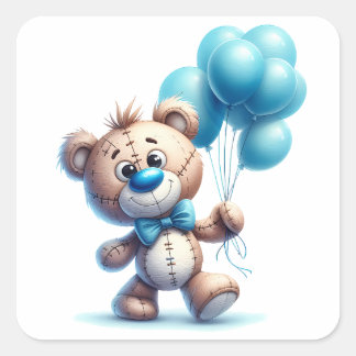 Pegatina Cuadrada Oso de peluche con globos azules