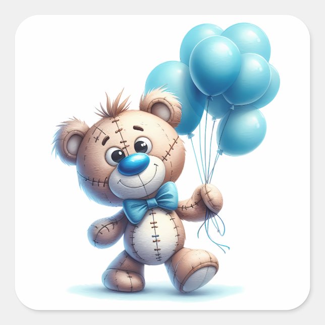 Pegatina Cuadrada Oso de peluche con globos azules (Anverso)