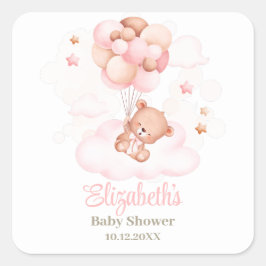 Pegatina Cuadrada Oso de peluche con globos rosados Baby Shower