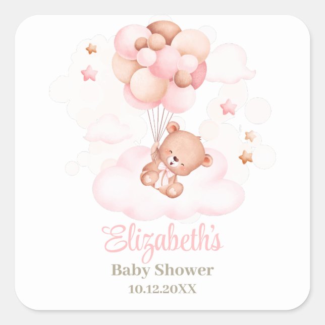 Pegatina Cuadrada Oso de peluche con globos rosados Baby Shower (Anverso)