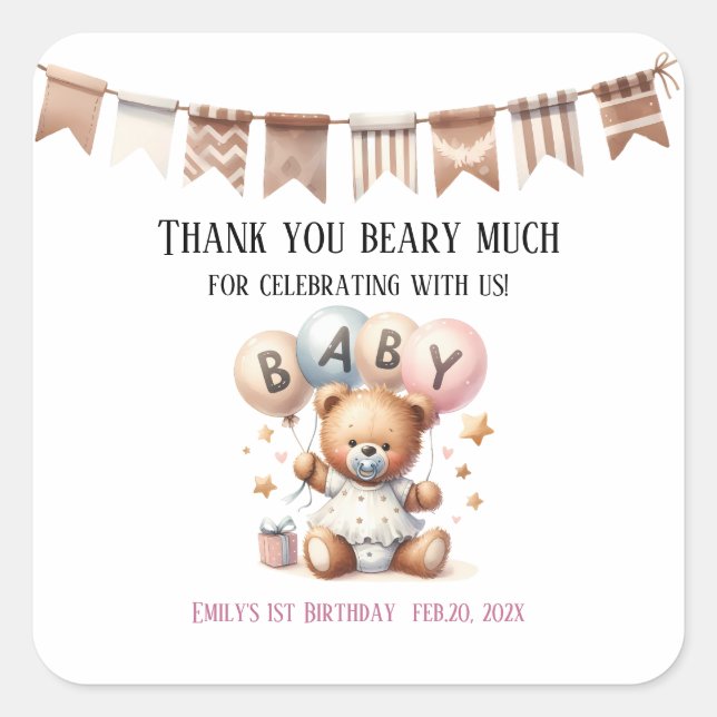 Pegatina Cuadrada Oso de peluche con globos y regalos (Anverso)