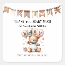 Pegatina Cuadrada Oso de peluche con globos y regalos