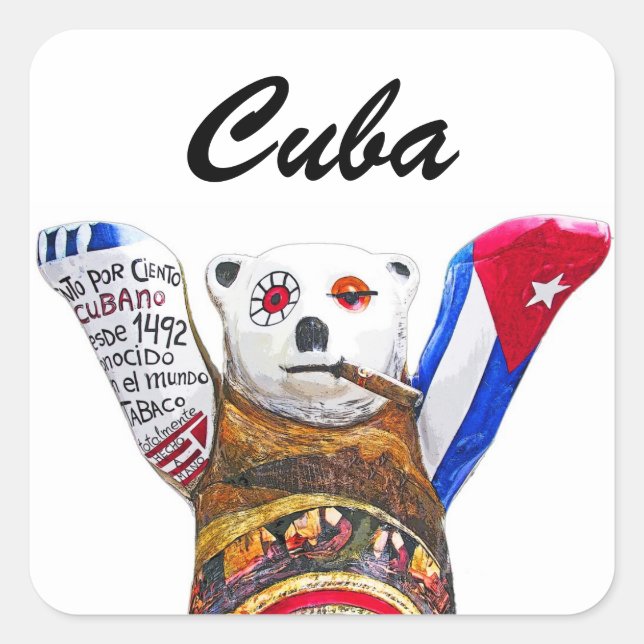 Pegatina Cuadrada Oso de peluche cubano con cigarro, espalda blanca  (Anverso)