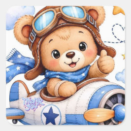 Pegatina Cuadrada Oso de peluche de dibujos animados lindo piloto vo