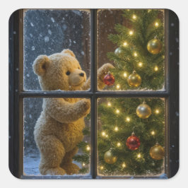 Pegatina Cuadrada Oso de peluche de Navidad decorando un árbol