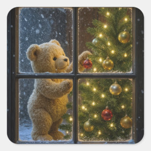 Pegatina Cuadrada Oso de peluche de Navidad decorando un árbol