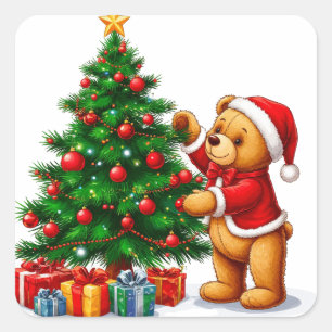 Pegatina Cuadrada Oso de peluche decorando un árbol de Navidad