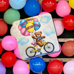 Pegatina Cuadrada Oso de peluche en bicicleta sosteniendo globos