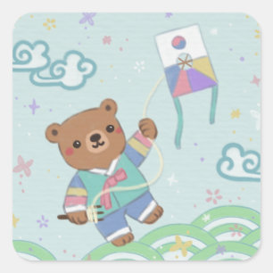 Pegatina Cuadrada Oso de peluche en Hanbok: Volando cometas