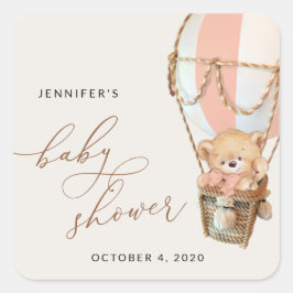 Pegatina Cuadrada Oso de peluche, globo aerostático rosa, fiesta de