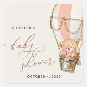 Pegatina Cuadrada Oso de peluche, globo de aire caliente rosado, Bab