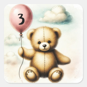 Pegatina Cuadrada Oso de peluche Globo Rosa Ducha de bebé Apenas Esp