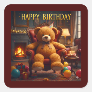 PEGATINA CUADRADA OSO DE PELUCHE GRANDE FELIZ CUMPLEAÑOS