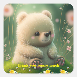 Pegatina Cuadrada Oso de peluche lindo en el jardín agradecimiento p