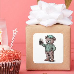 Pegatina Cuadrada Oso de peluche lindo que sostiene cerveza