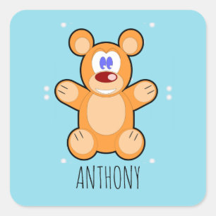 Pegatina Cuadrada Oso de peluche marrón lindo monograma sobre azul