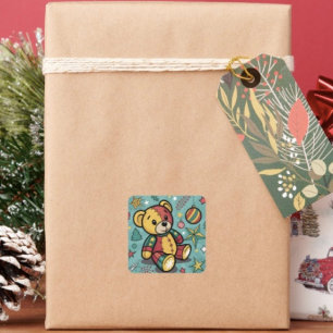 Pegatina Cuadrada Oso de peluche navideño caprichoso con parches