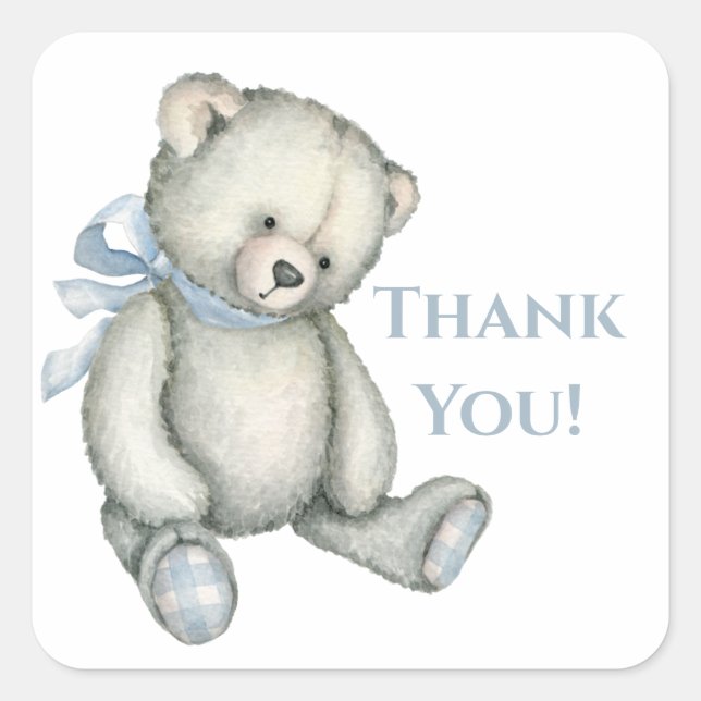 Pegatina Cuadrada Oso de peluche niño azul acuarela agradecimiento (Anverso)