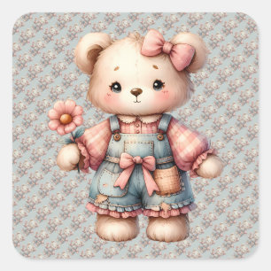 Pegatina Cuadrada Oso de peluche pastel sosteniendo una flor con ove