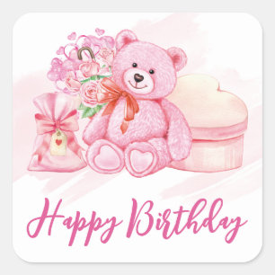 Pegatina Cuadrada Oso de peluche rosa acuarela, regalos de cumpleaño