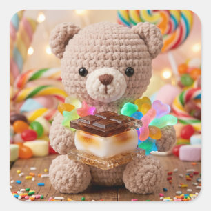 Pegatina Cuadrada Oso de peluche tejido con S'more Candy Land