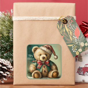 Pegatina Cuadrada Oso de peluche vintage de Navidad