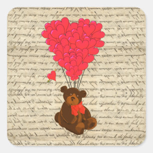Pegatina Cuadrada Oso de peluche y corazón