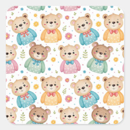 Pegatina Cuadrada Oso de peluche y flores