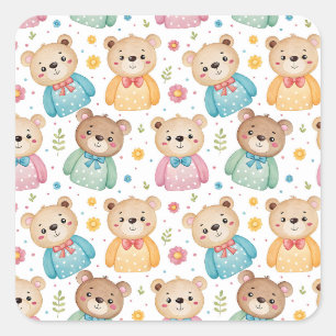 Pegatina Cuadrada Oso de peluche y flores