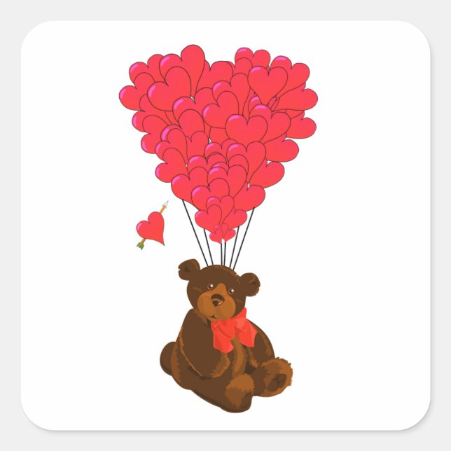 Pegatina Cuadrada Oso de peluche y globos cardíacos (Anverso)