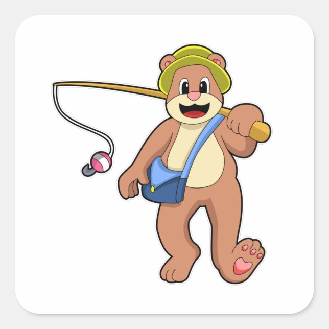 Pegatina Cuadrada Oso de pescar con barra de pesca (Anverso)