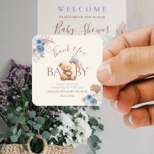 Pegatina Cuadrada Oso De Teddy Con Rosa Azul Boho De Globo Baby Show