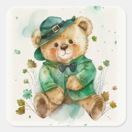 Pegatina Cuadrada Oso de Teddy irlandés del Día de San Patricio