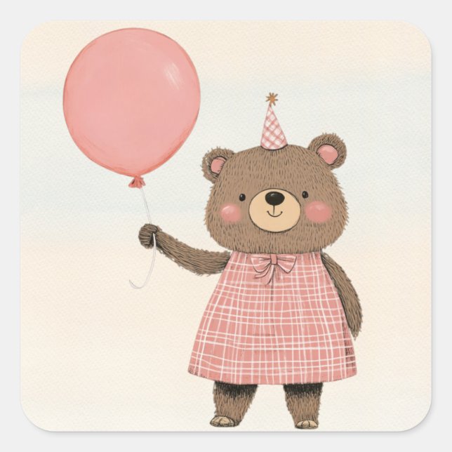 Pegatina Cuadrada Oso de vestido rosado con cojín y Gorra (Anverso)