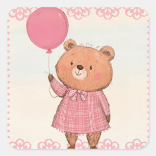 Pegatina Cuadrada Oso de vestido rosado fresco con globo rosa