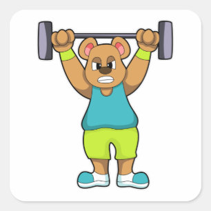 Pegatina Cuadrada Oso en Bodybuilding con Barbell