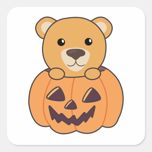 Pegatina Cuadrada Oso En Calabaza Osos Dulces Feliz Halloween (Anverso)