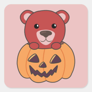 Pegatina Cuadrada Oso En Calabaza Osos Dulces Feliz Plaza Halloween