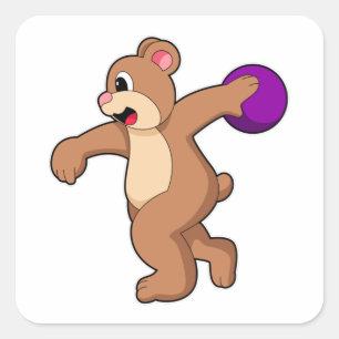 Pegatina Cuadrada Oso en el Bowling con bolas