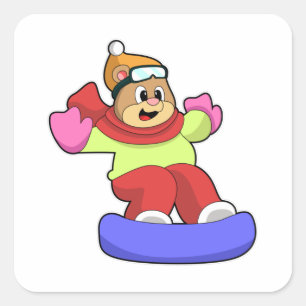Pegatina Cuadrada Oso en Snowboard con Snowboard