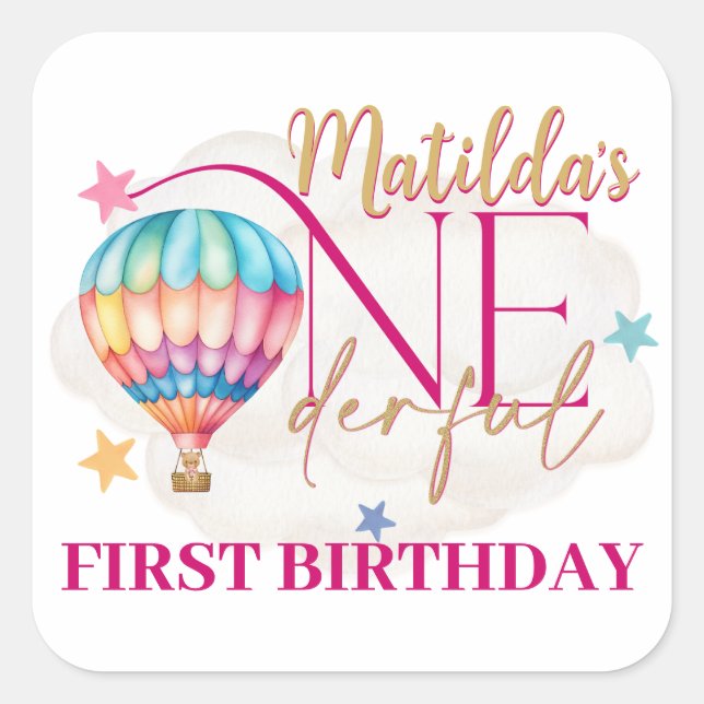 Pegatina Cuadrada Oso en un globo rosa bebé calcomanías (Anverso)