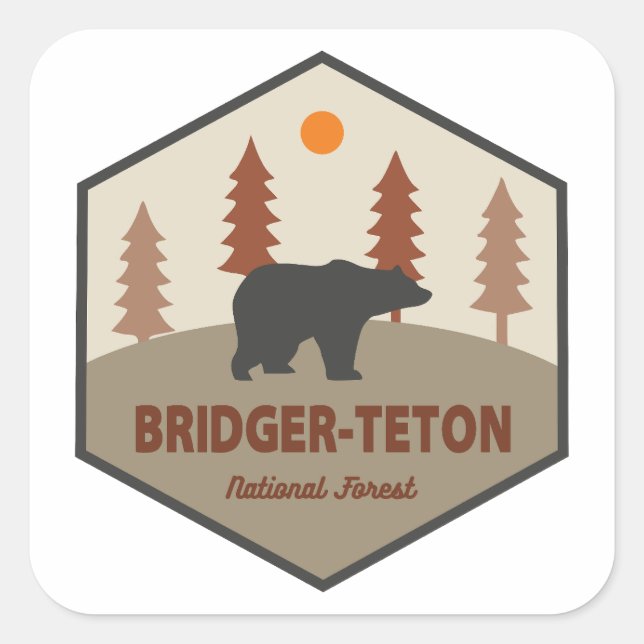Pegatina Cuadrada Oso Forestal Nacional Bridger-Teton (Anverso)