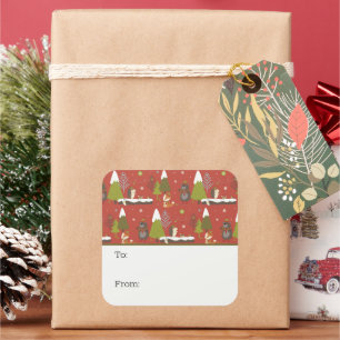 Pegatina Cuadrada Oso, Fox y Hedgehog Niños Navidades divertidos