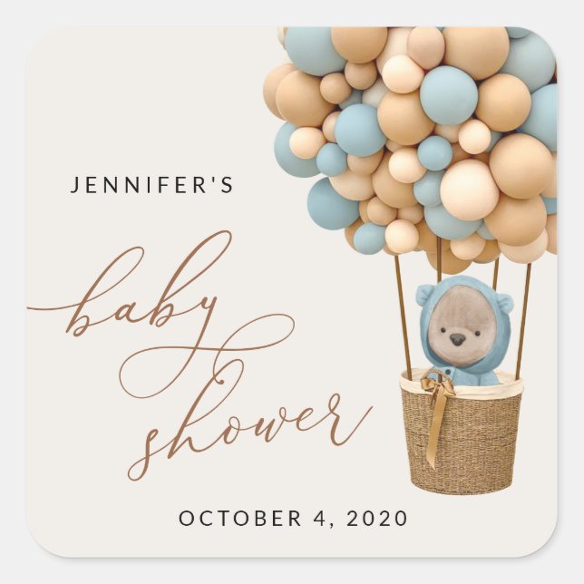 Pegatina Cuadrada Oso, globos azules, globo de aire caliente, Baby S (Anverso)