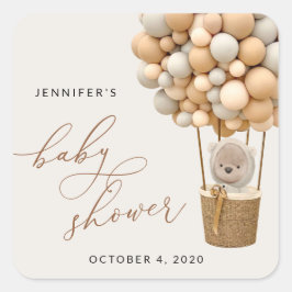 Pegatina Cuadrada Oso, globos beige, globo de aire caliente, Baby Sh