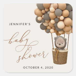 Pegatina Cuadrada Oso, globos pardos, globo de aire caliente, Baby S