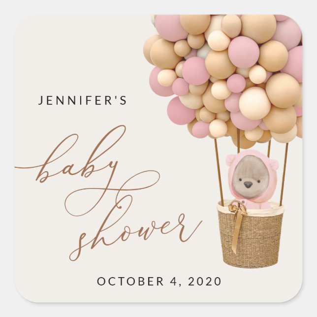 Pegatina Cuadrada Oso, globos rosados, globo de aire caliente, Baby  (Anverso)