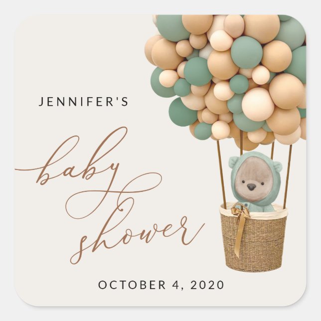 Pegatina Cuadrada Oso, globos verdes, globo de aire caliente, Baby S (Anverso)